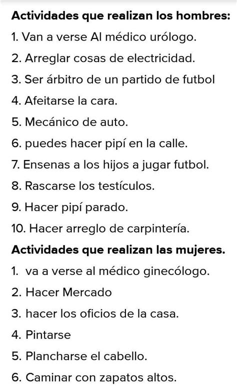 actividades que solo hacen los hombres|10 actividades que solo realizan los hombres y 10 que solo las。